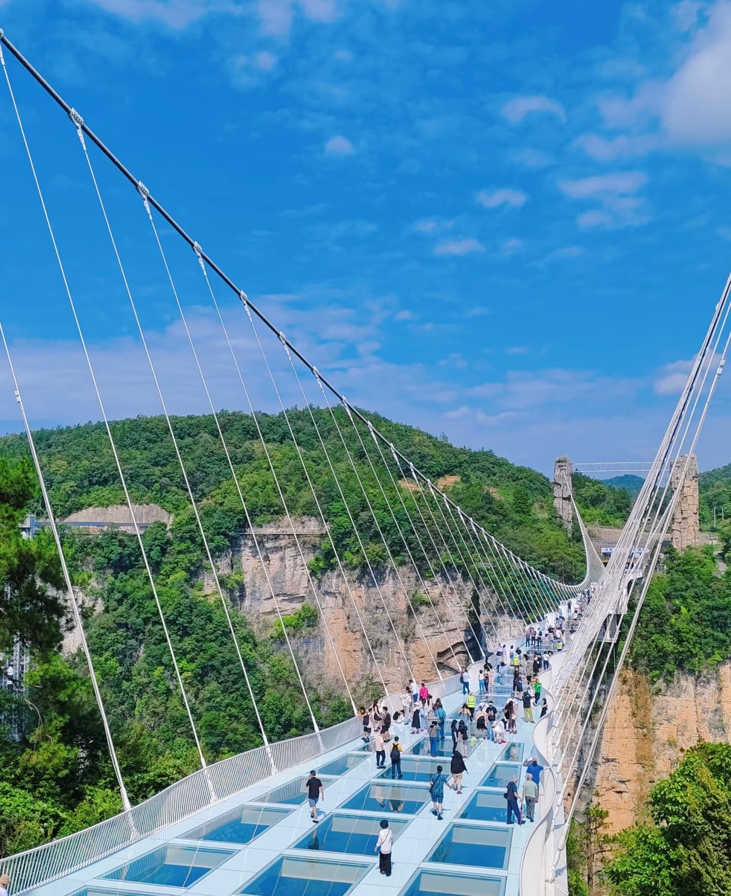 People walking on the transparent Zhangjiajie Grand Canyon Glass Bridge