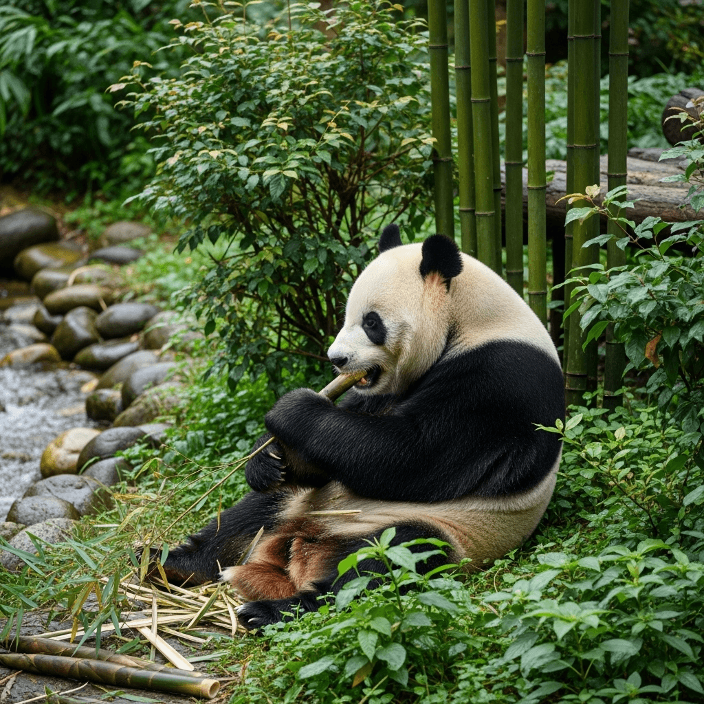 A Giant Panda eating bamboo in a lush green enclosure