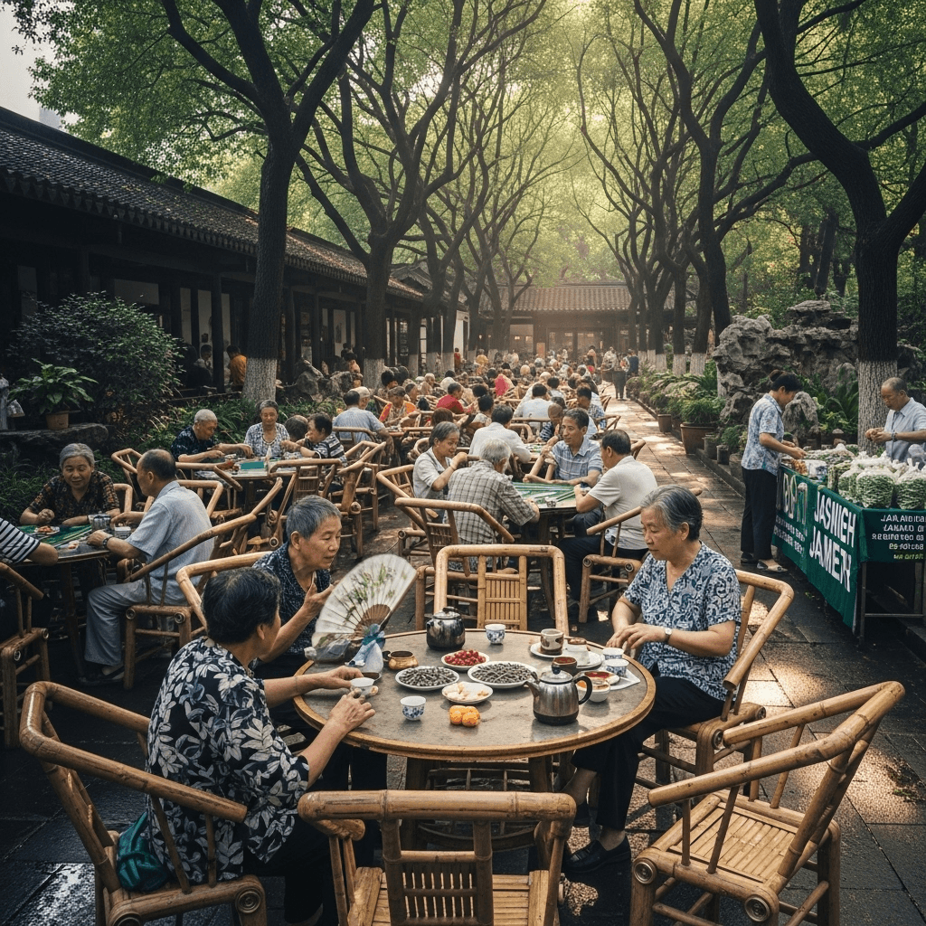 Locals enjoying tea in bamboo chairs at an outdoor teahouse in People's Park