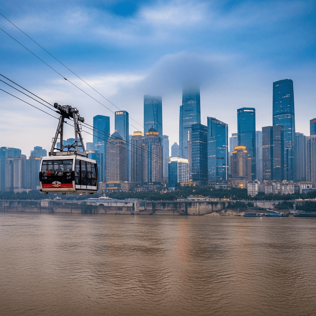 A cable car crossing the wide Yangtze River with the Chongqing skyline in the background