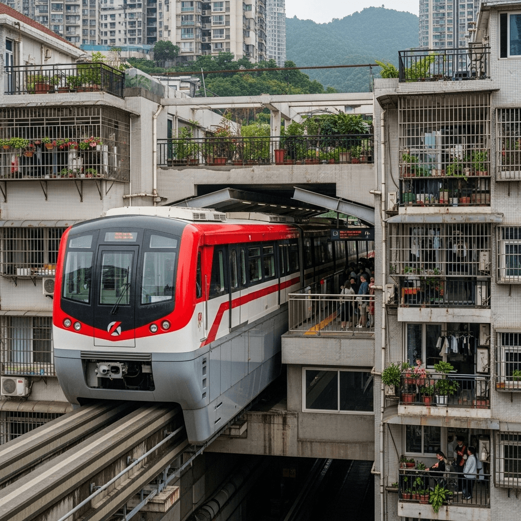 The Chongqing monorail train entering the Liziba station inside a building