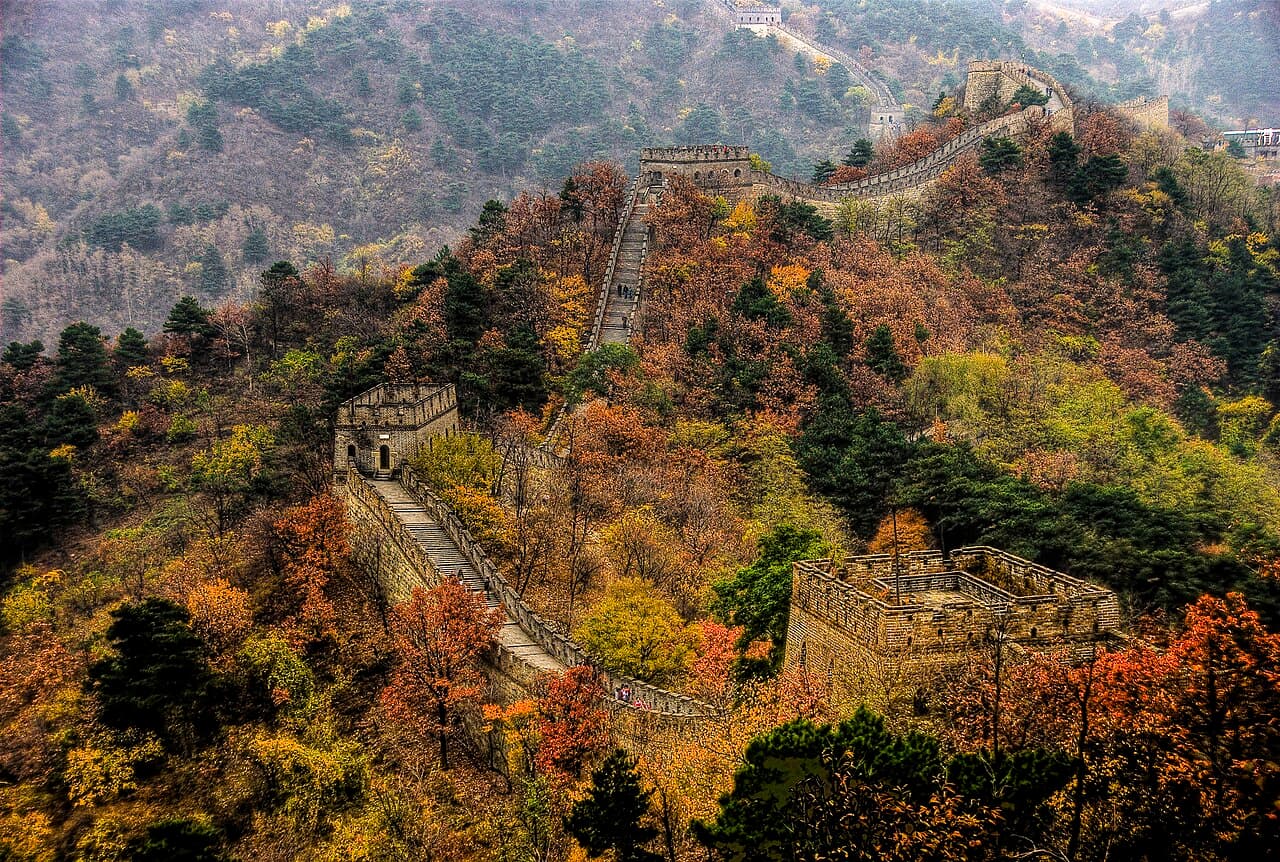 The Mutianyu section of the Great Wall winding over forested hills