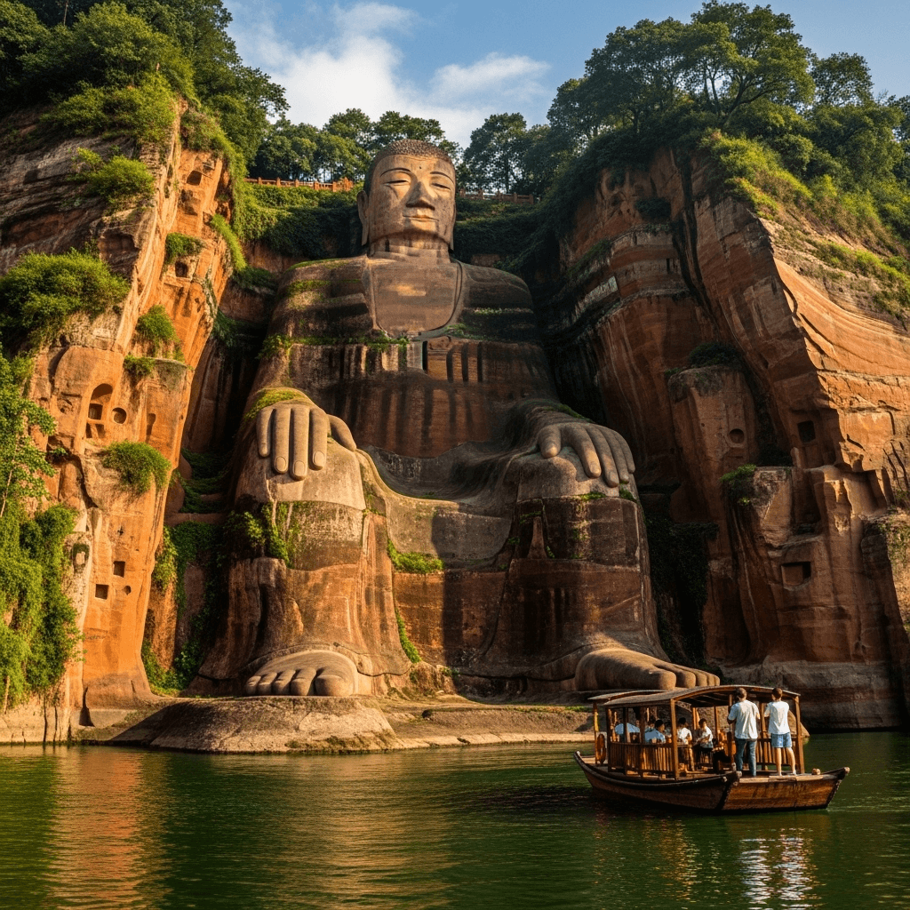 The massive Leshan Giant Buddha carved into a cliffside, viewed from a boat