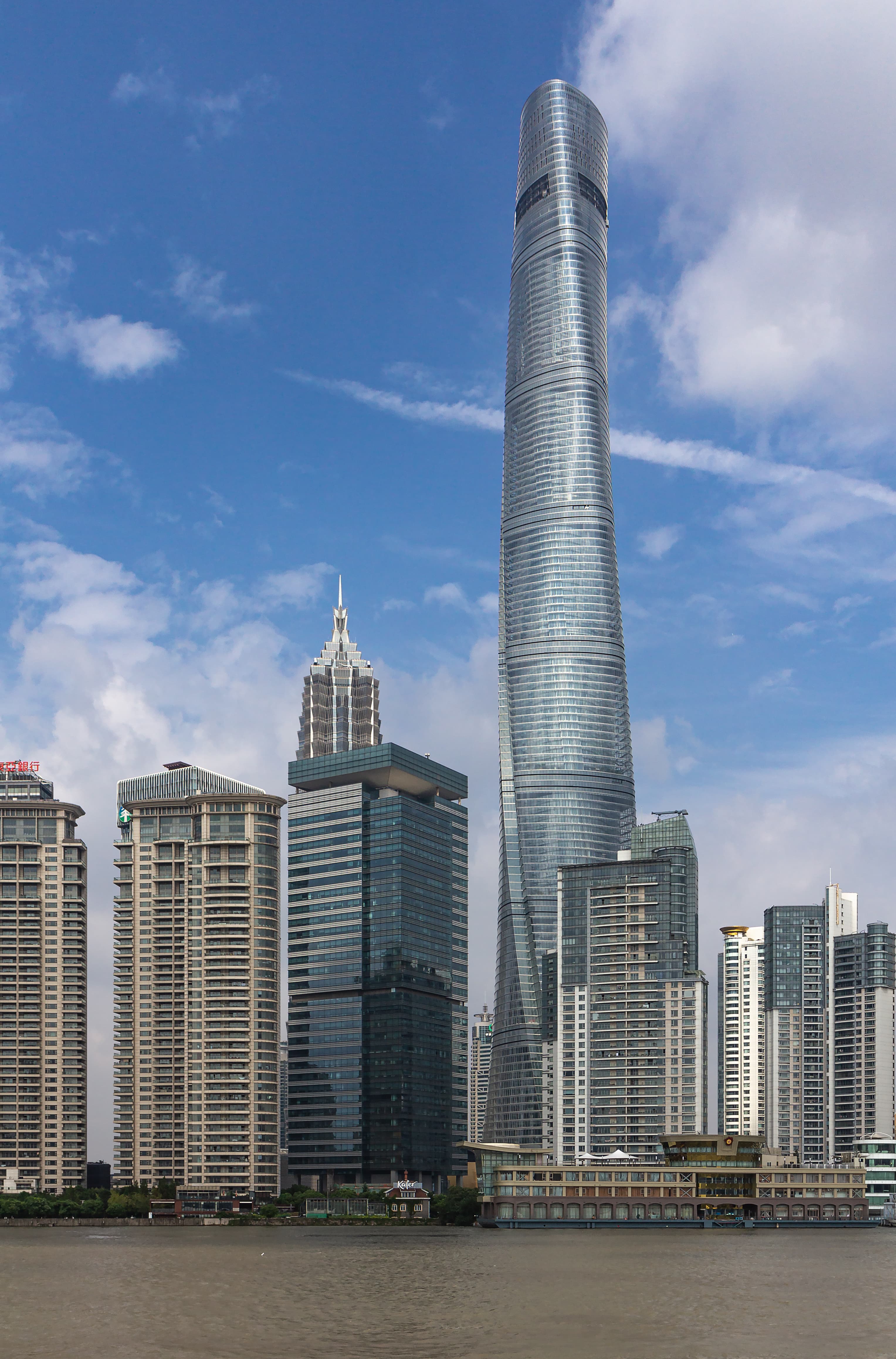 View of the spiralling Shanghai Tower reaching 632 metres into the sky