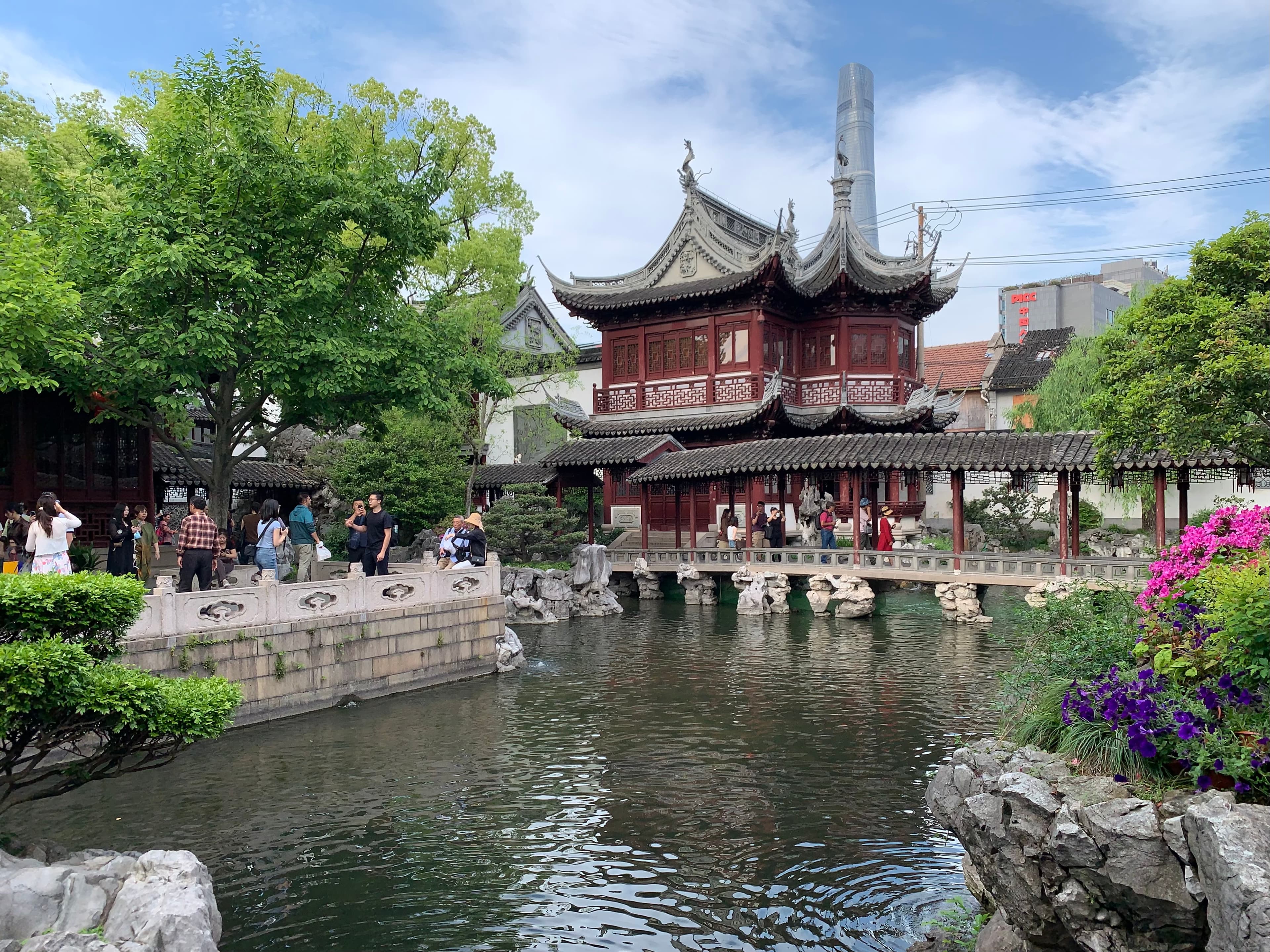 Traditional pavilions, ponds and zigzag bridges inside Yu Garden in Shanghai