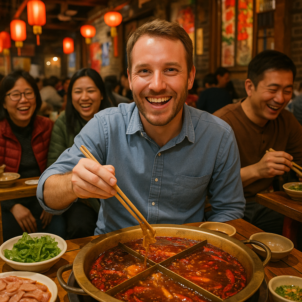 Tourists smiling and enjoying hotpot at a lively, real-deal Sichuan restaurant