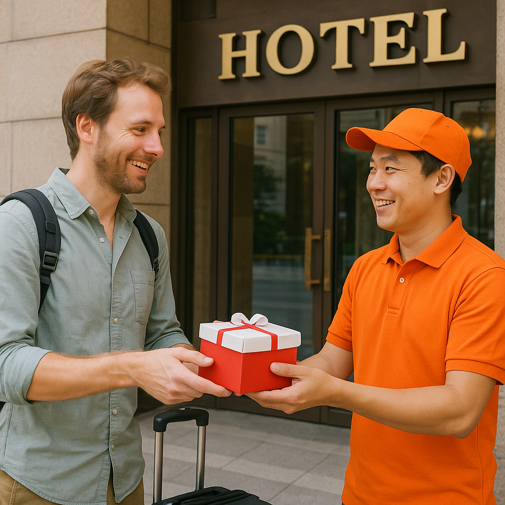 Traveler receiving a cake box from a smiling delivery courier in front of a hotel