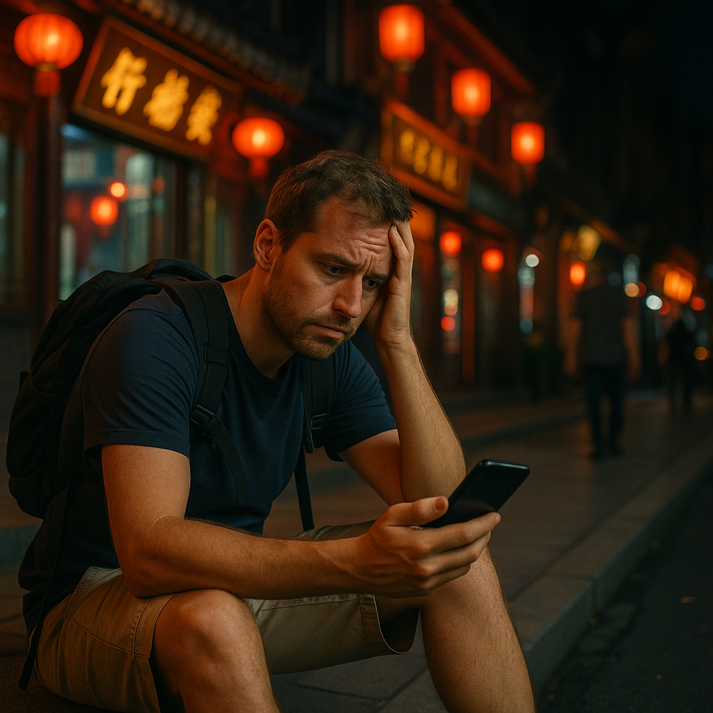 A tourist sitting on a curb at night, looking worried while holding a dead phone