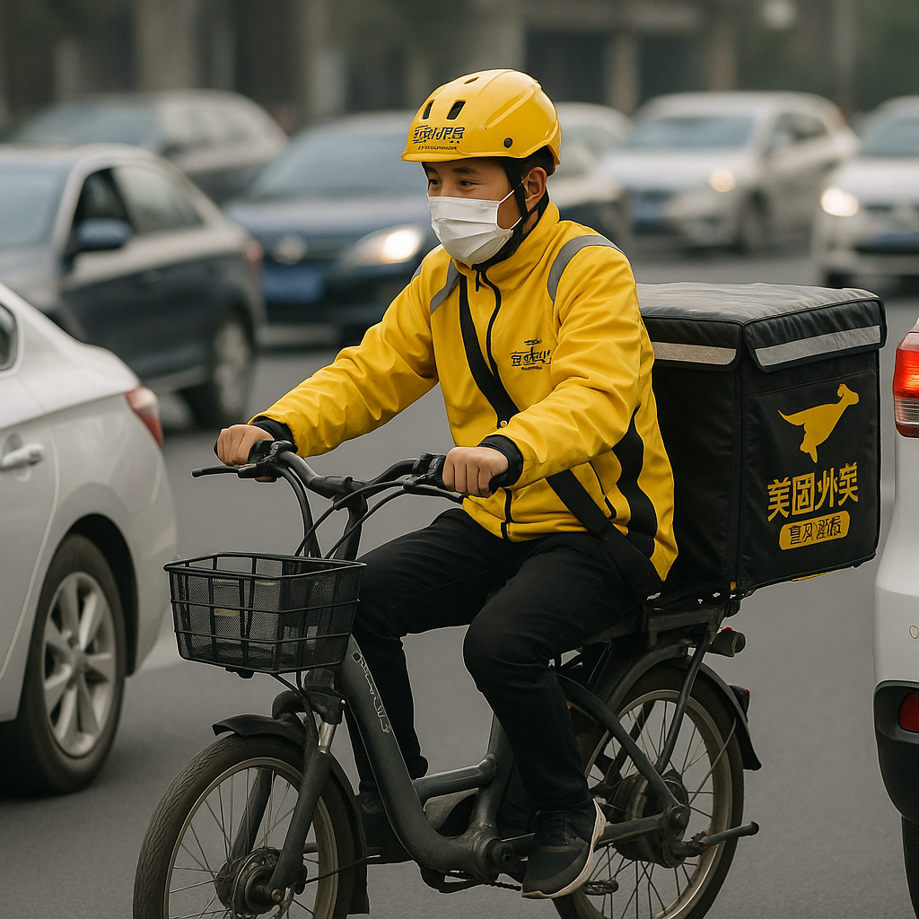 Delivery rider on an e-bike weaving through traffic with a large insulated food bag