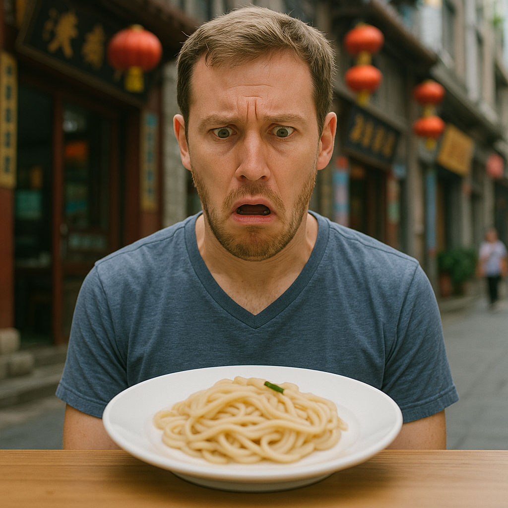 Disappointed tourist looking at a bland plate of food with a surprised face