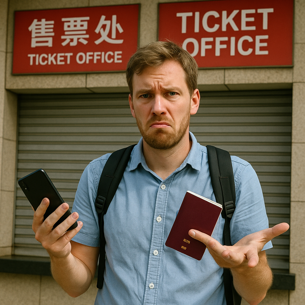 Frustrated foreign tourist holding passport and phone in front of closed ticket booth