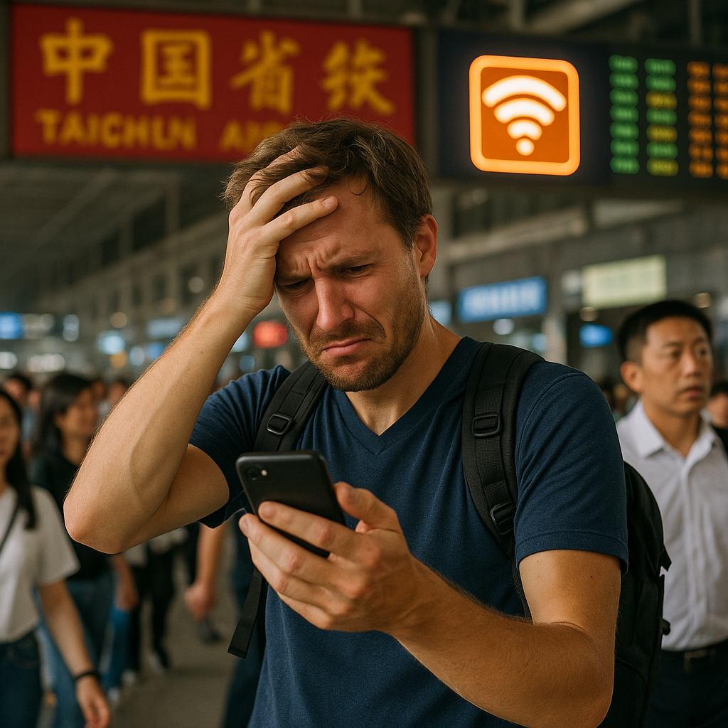 Frustrated traveler holding their phone in a busy Chinese train station, unable to connect to Wi-Fi