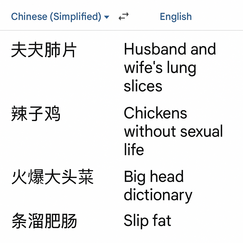Screenshot of Google Translate misinterpreting a Chinese menu with hilarious results