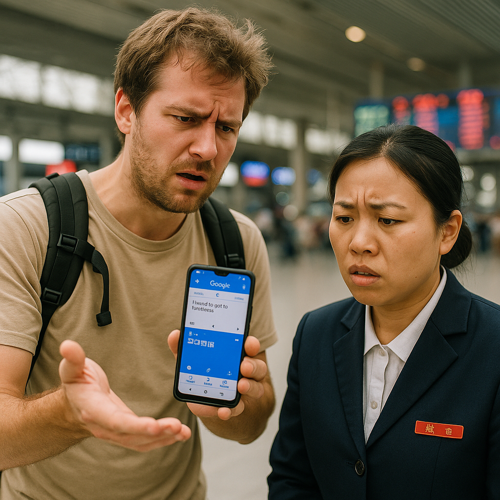 Frustrated traveler at a train station showing Google Translate to a confused employee