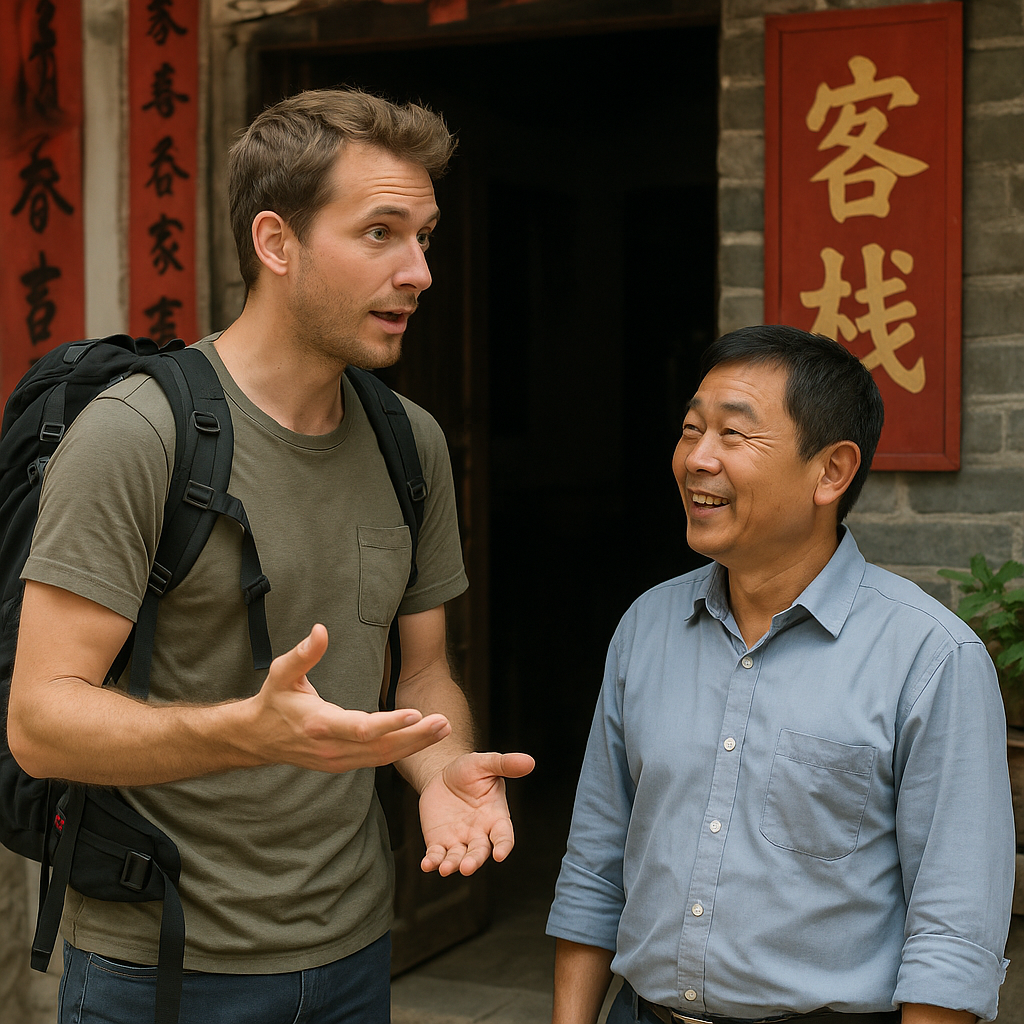A foreign traveler trying to talk to a Chinese host at a small family-run guesthouse