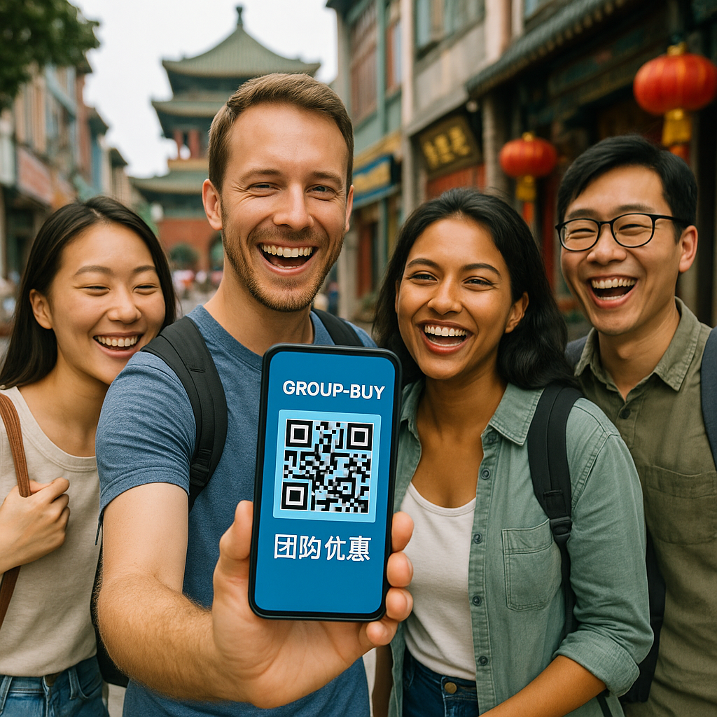 Happy travelers in China enjoying group-buy discounts