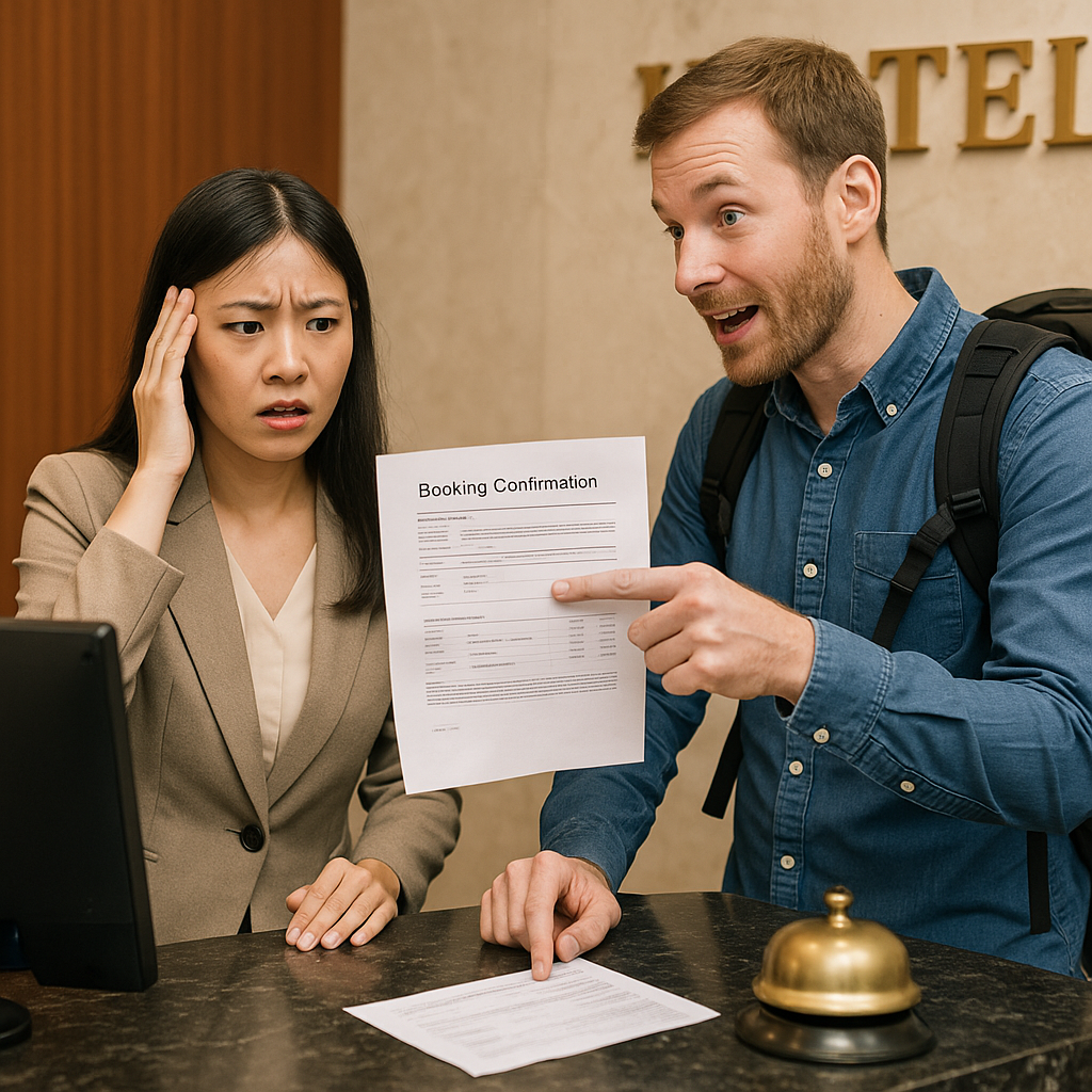 Hotel front desk with confused staff and an English-speaking traveler pointing at a booking confirmation