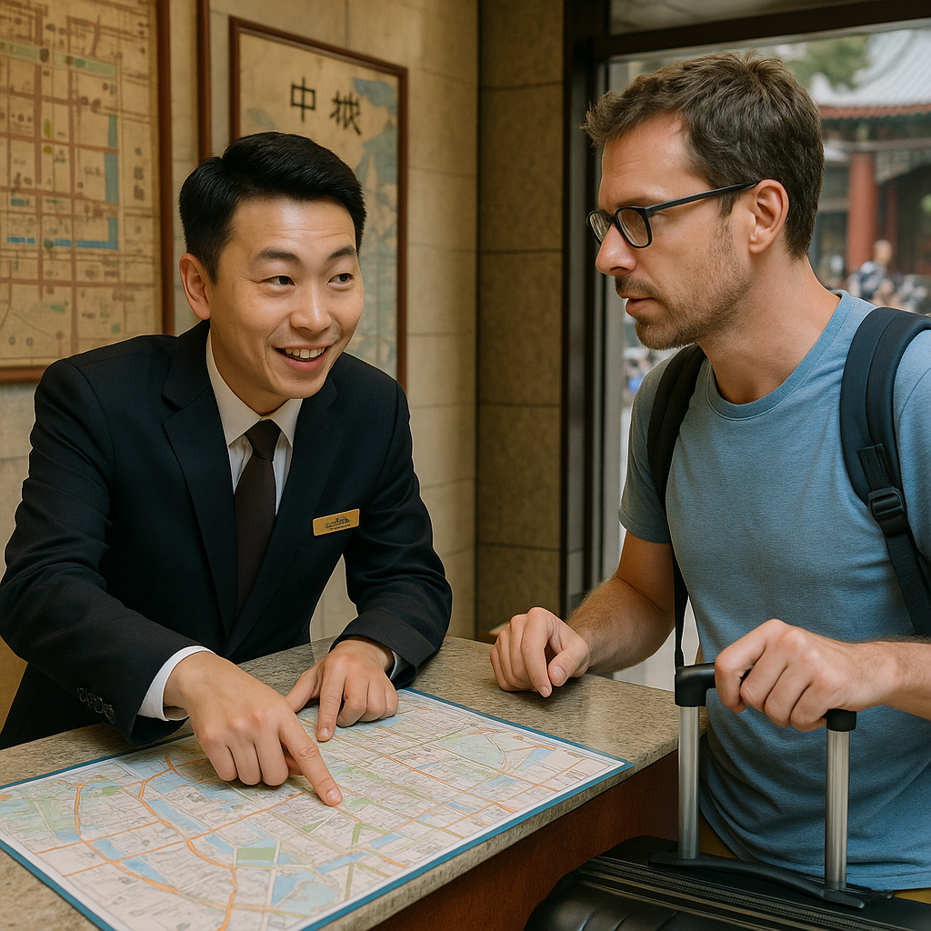 A hotel concierge pointing at a city map while talking to a tourist with a suitcase