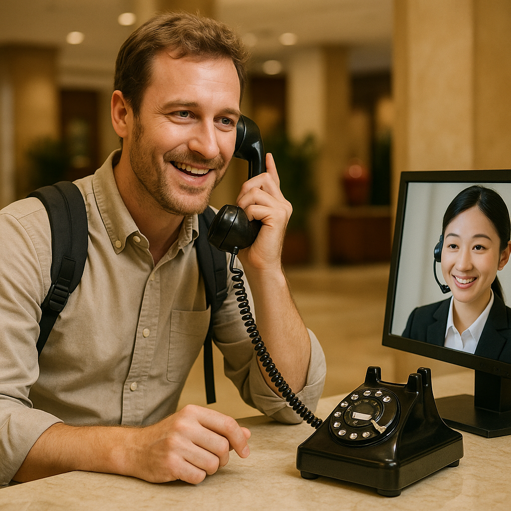 A traveler using an old-fashioned landline in a hotel lobby, talking with a helpful support agent