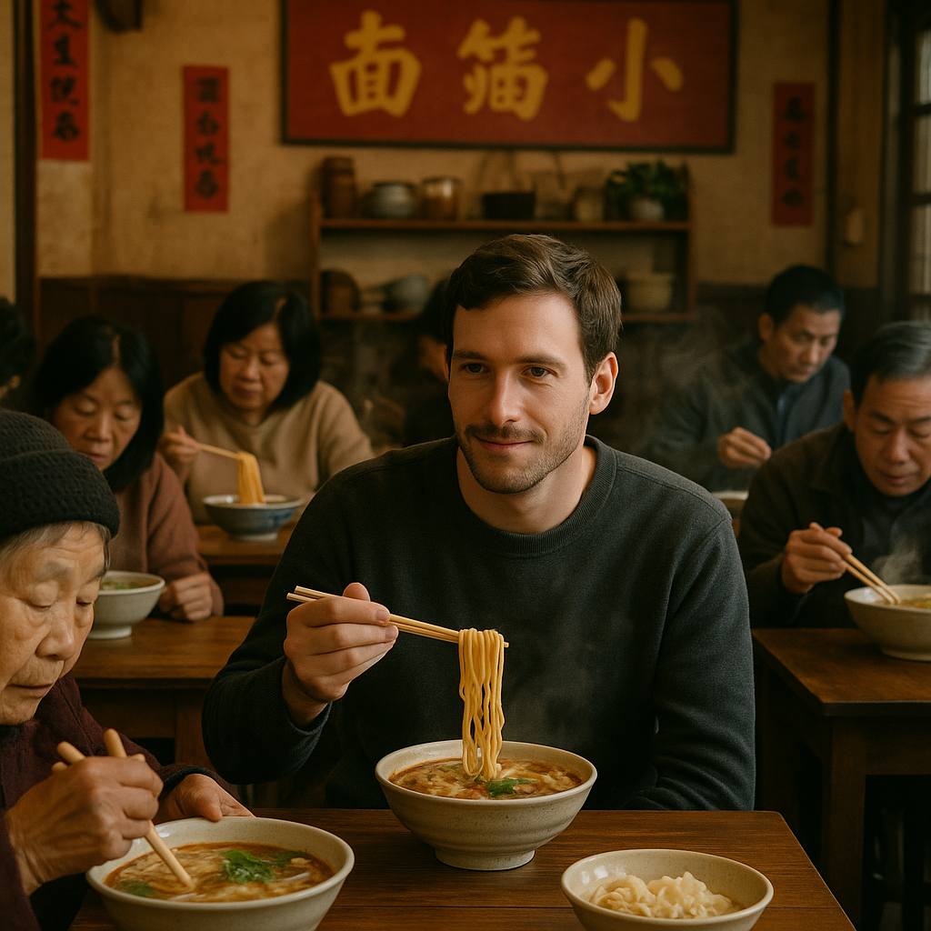 A cozy noodle shop filled with Chinese locals, steam rising from fresh bowls of soup