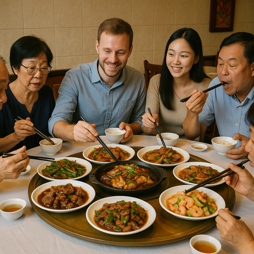 A round table of locals sharing multiple dishes at a Chinese restaurant with a lazy Susan in the center