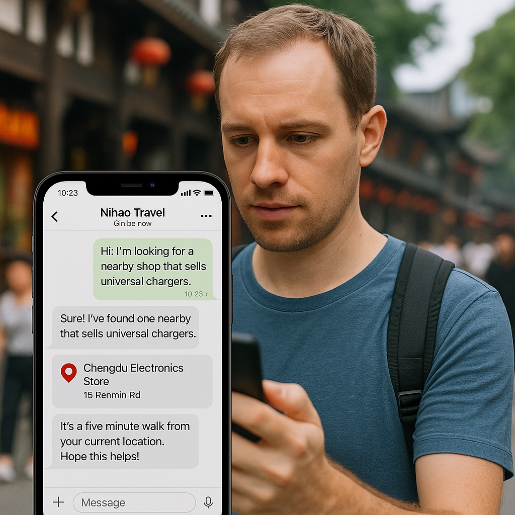 Screenshot of Nihao Travel chat guiding user to a nearby shop with universal chargers