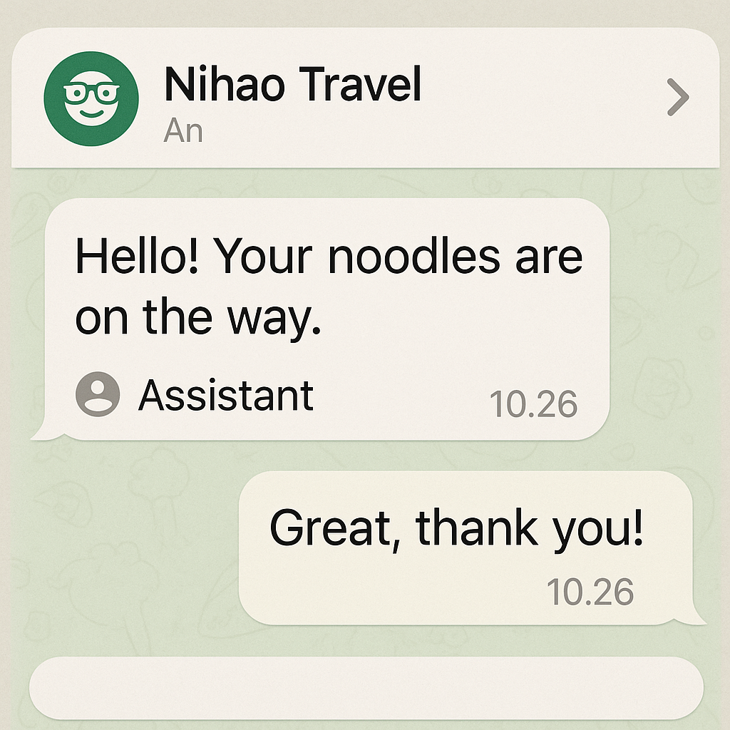 Screenshot of a chat conversation between a traveler and a Nihao Travel consultant, helping find a local restaurant