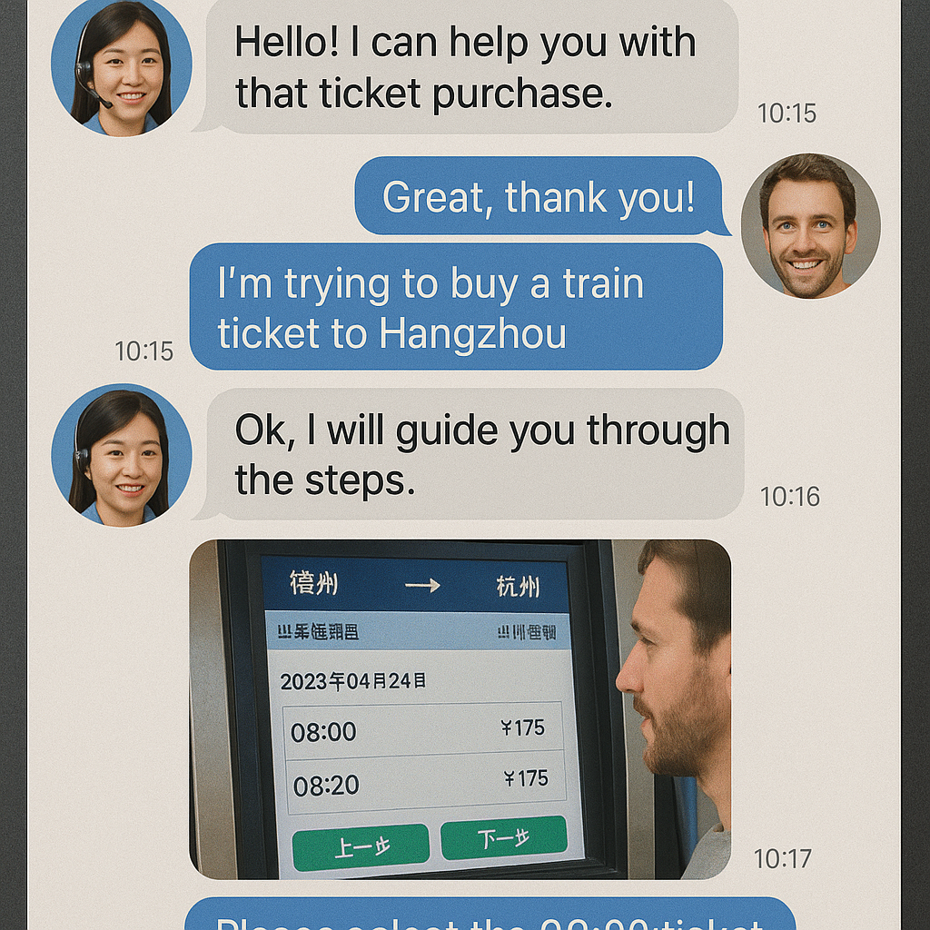 A chat window where a Nihao Travel consultant helps a traveler navigate a ticket purchase