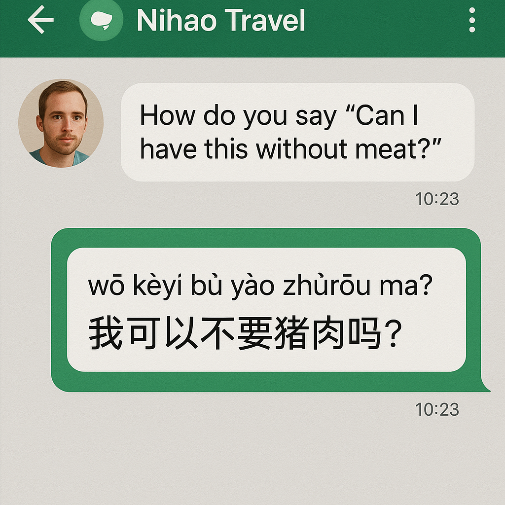 Screenshot of Nihao Travel chat where the user asks how to say 
