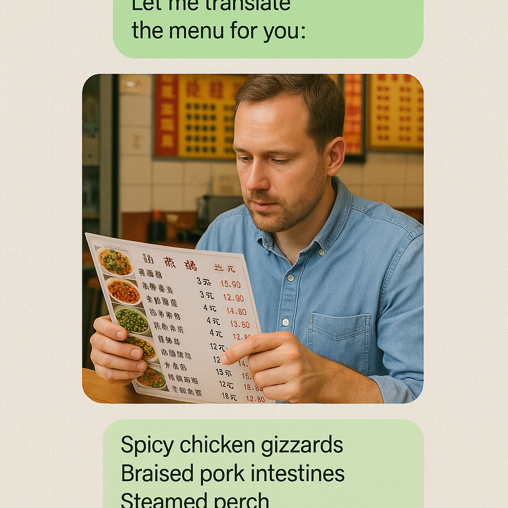 Chat screenshot showing a Nihao Travel consultant translating a photo of a Chinese menu