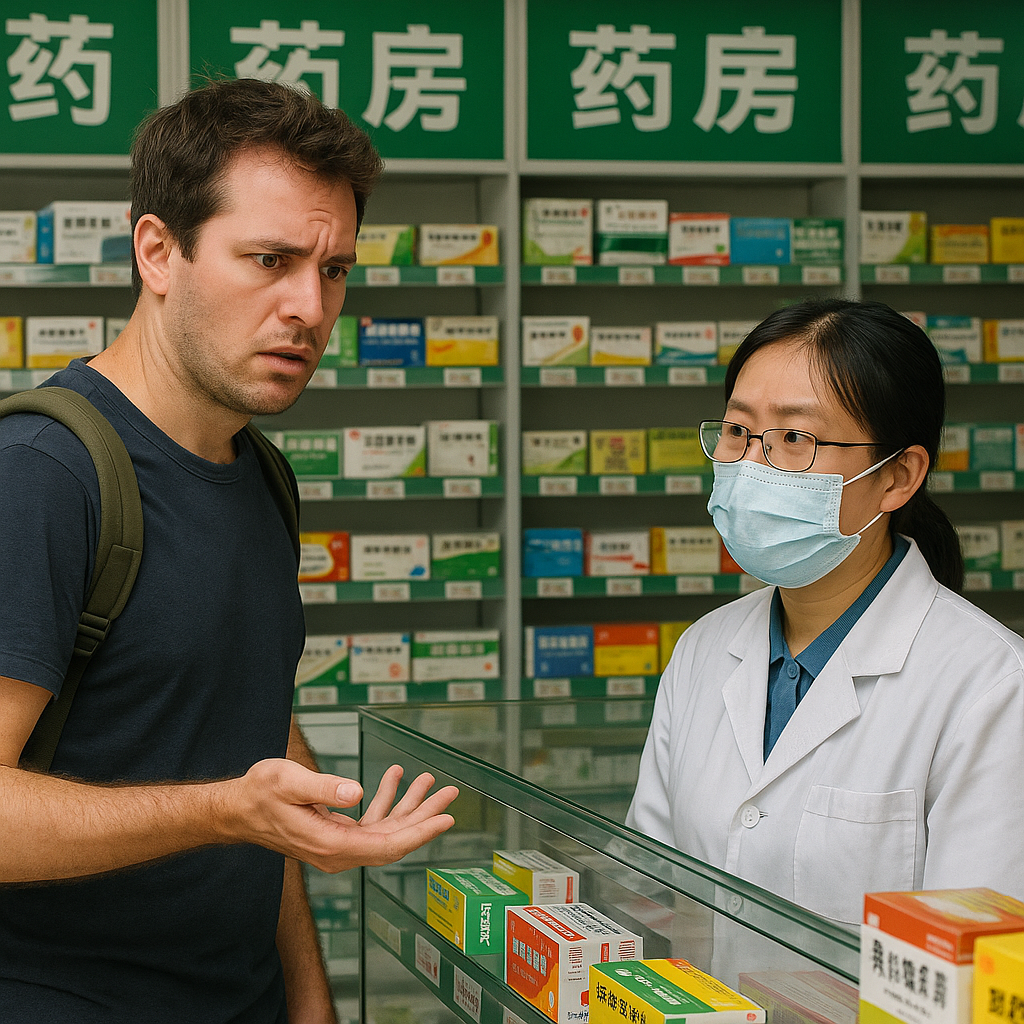 Traveler standing confused at a pharmacy counter with Chinese packaging and no English signage