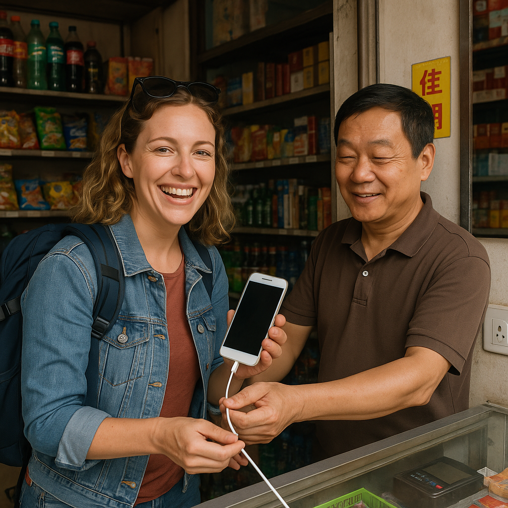 A happy traveler charging her phone at a small convenience store with the help of a local