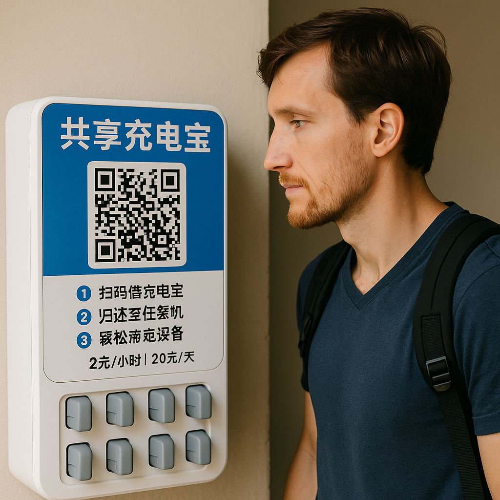 A Chinese shared power bank station with a QR code and instructions in Mandarin