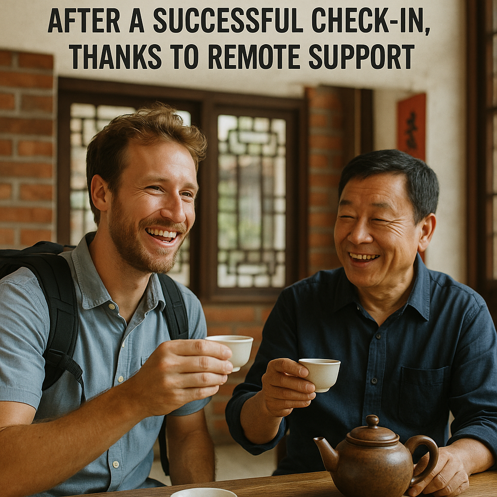 Happy traveler having tea with a local host after a successful check-in, thanks to remote support