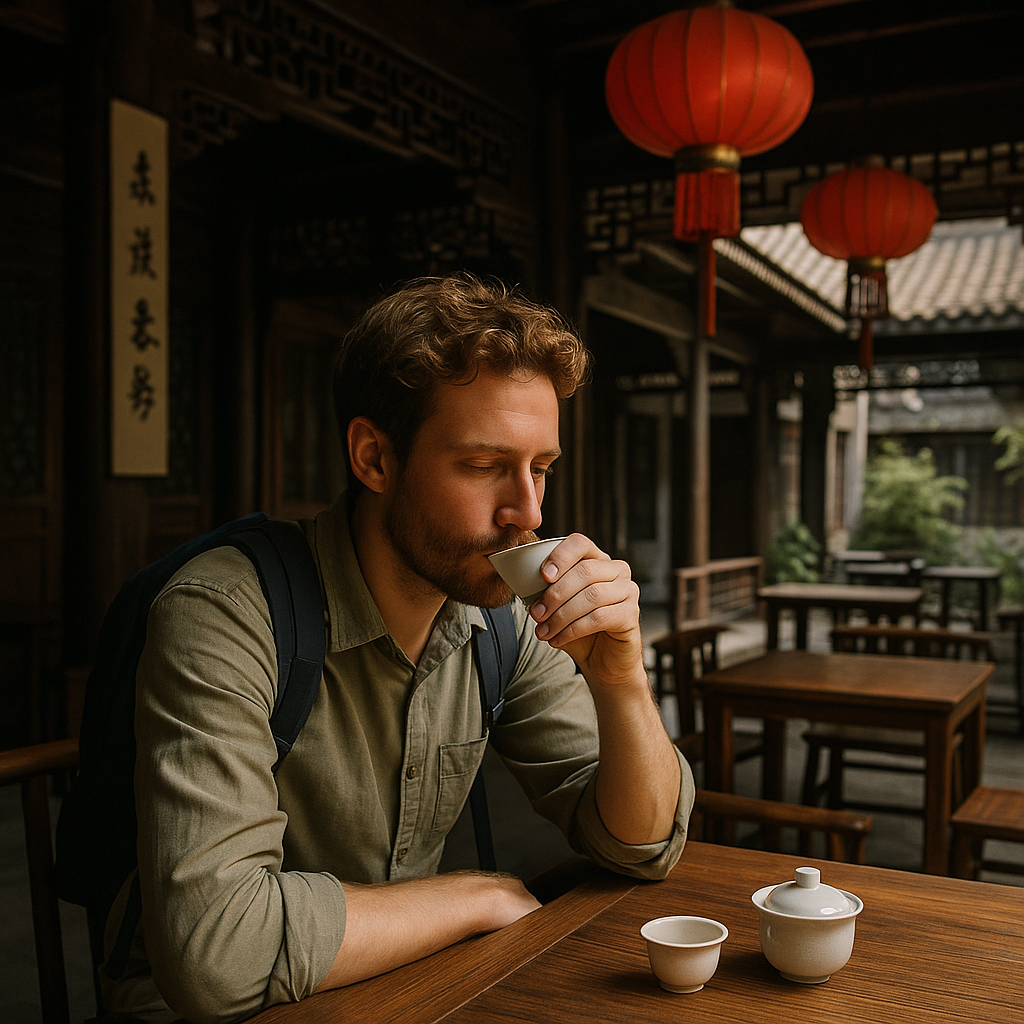 Traveler sipping tea in a serene, authentic Chinese teahouse without any tour crowds