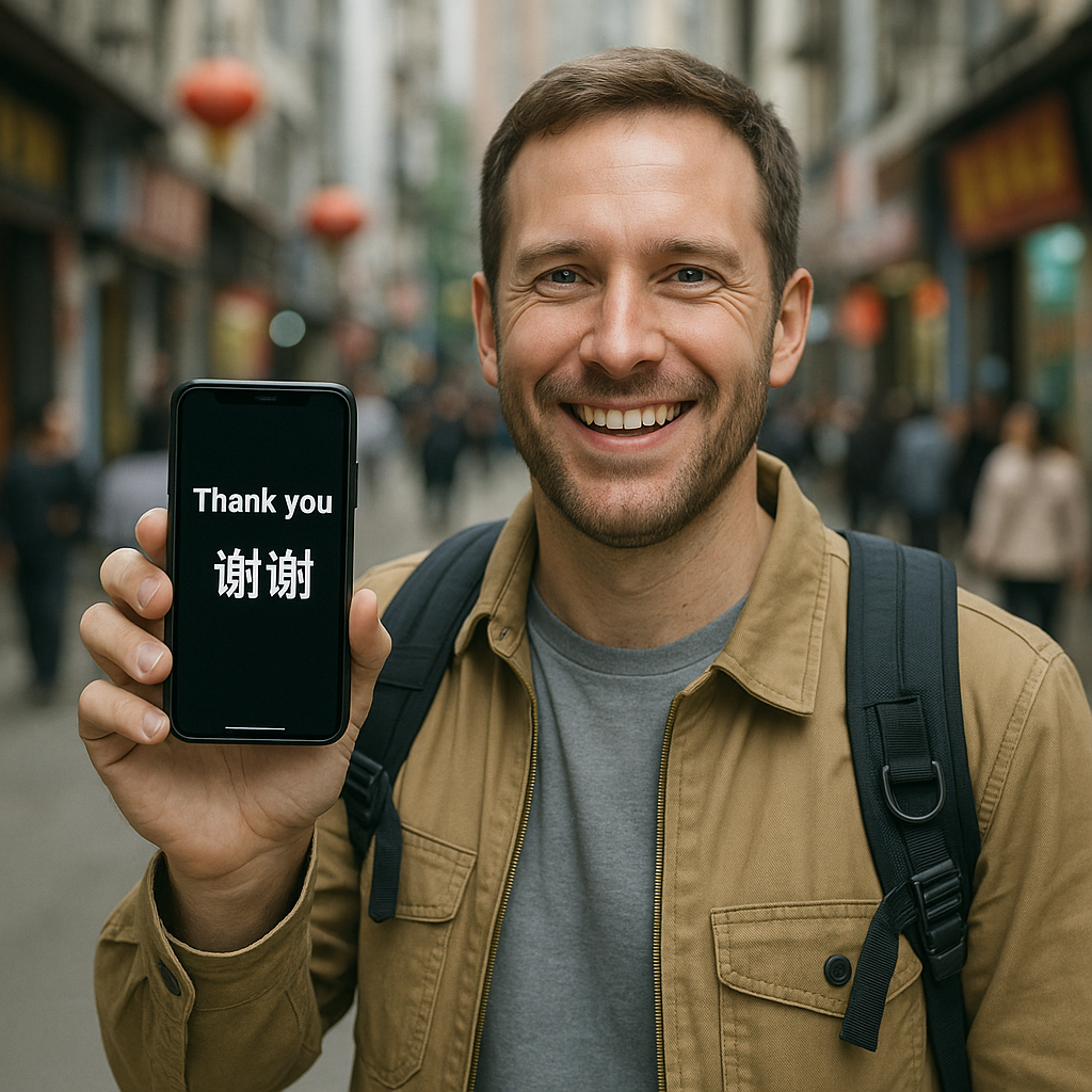 A smiling traveler holding a phone with 