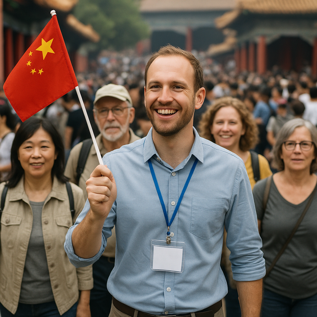 A smiling tour guide holding a flag, leading a group of tourists through a crowded site