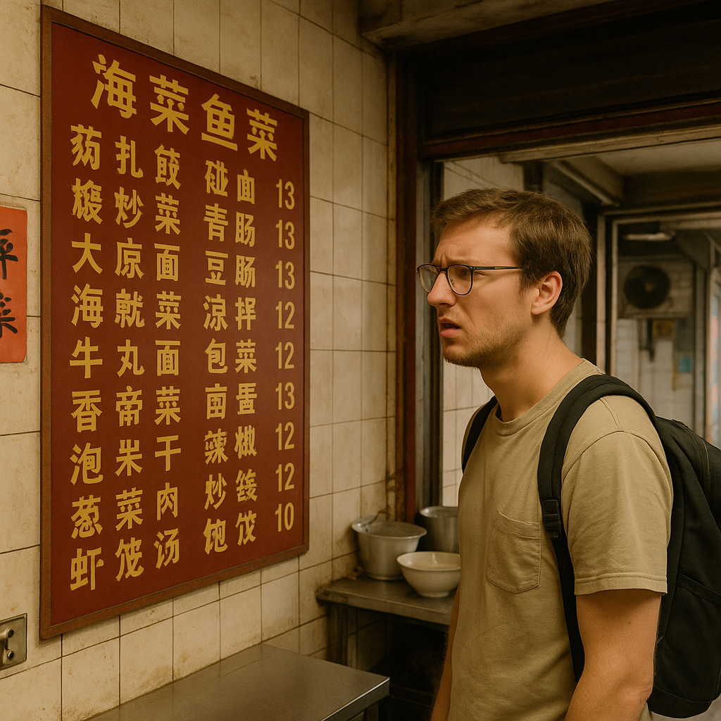 A foreign tourist standing hesitantly in front of a Chinese-only menu at a small local eatery