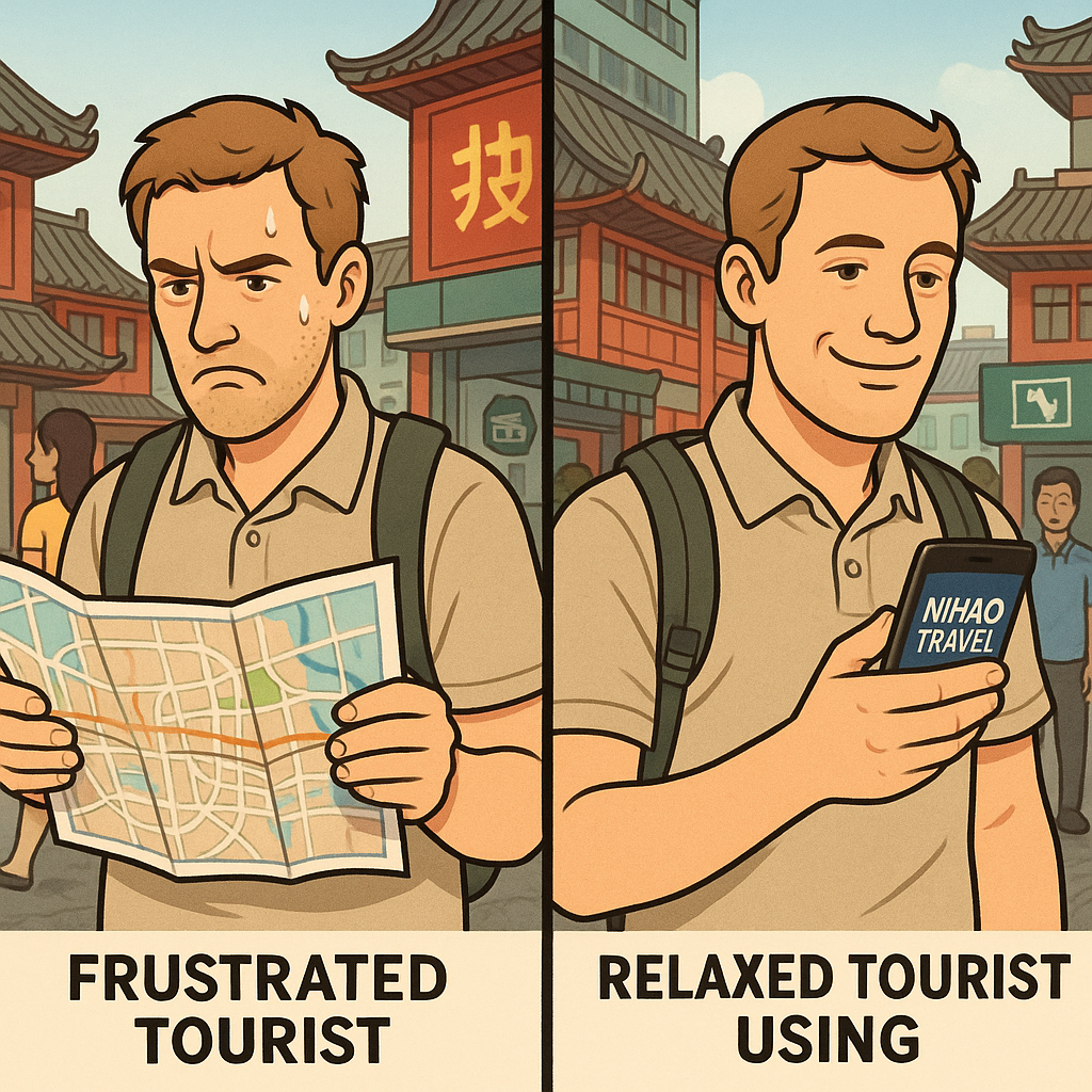 Side-by-side illustration of a frustrated tourist vs. a relaxed tourist using Nihao Travel