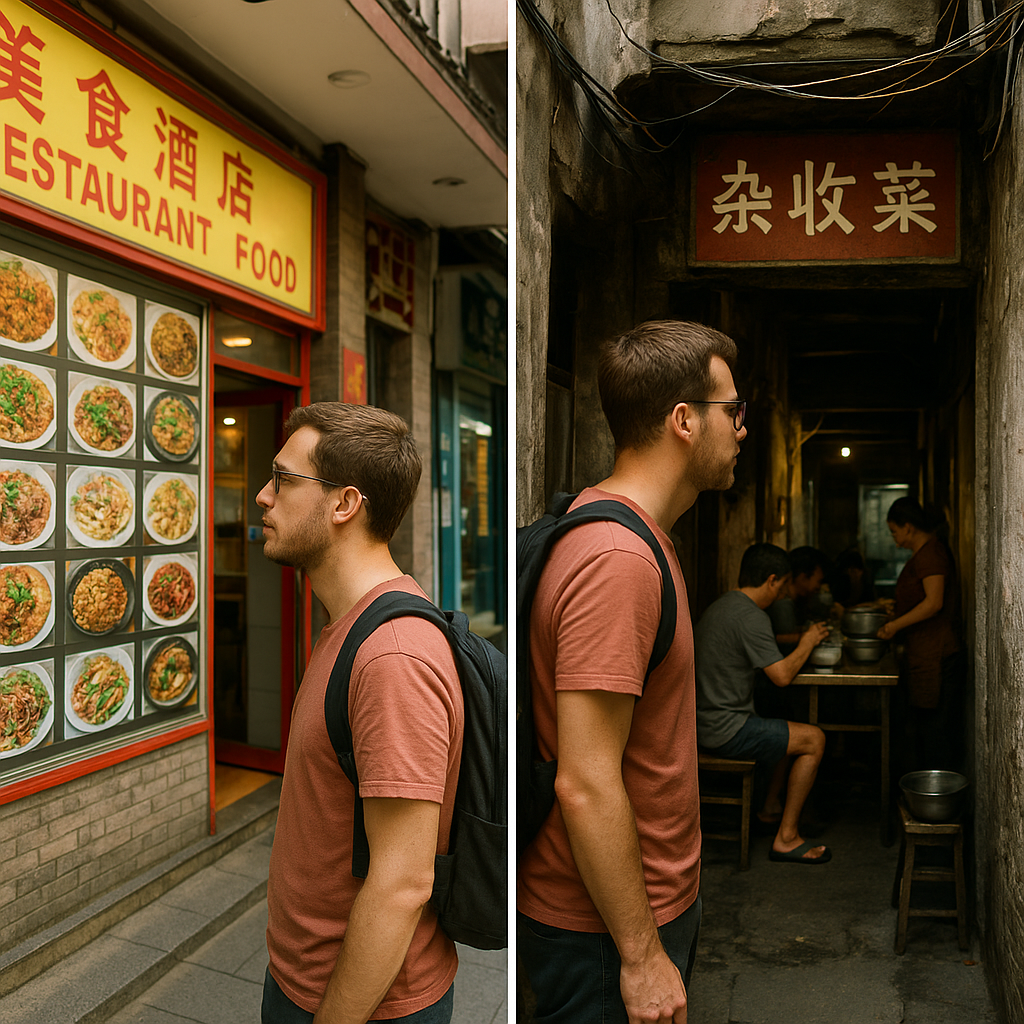 Side-by-side image of a generic tourist restaurant and a hidden alley with a local eatery