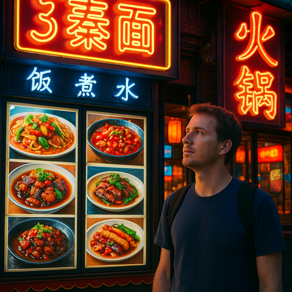 A flashy restaurant exterior with bright neon signs and pictures of food on display boards