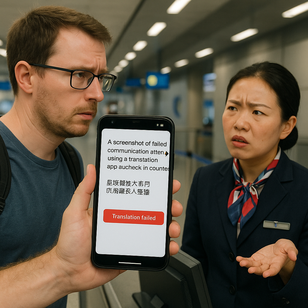 A screenshot of a failed communication attempt using a translation app at a check-in counter