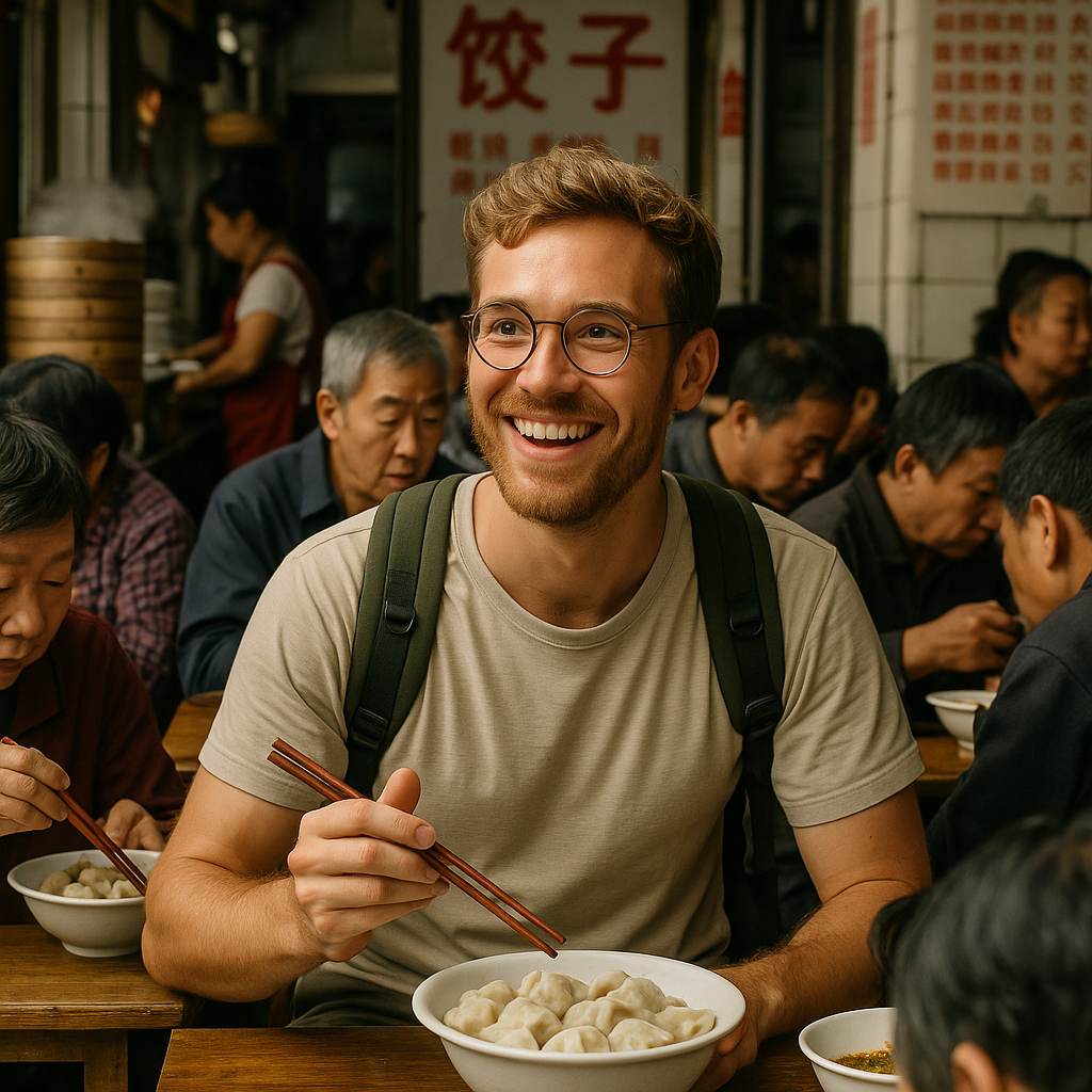 Traveler sitting at a small, bustling dumpling shop, surrounded by locals, looking happy and adventurous
