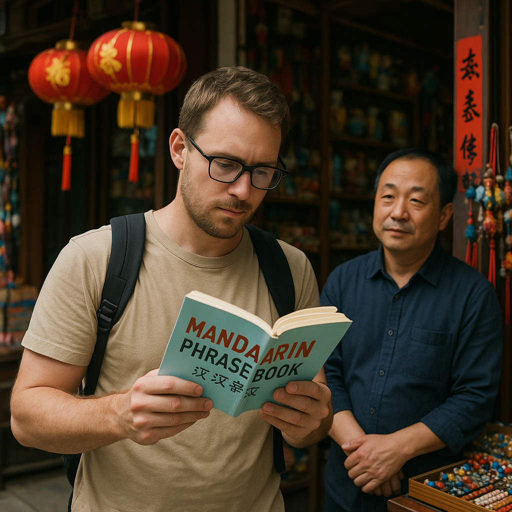 A traveler flipping through a physical Mandarin phrasebook while a shopkeeper waits patiently