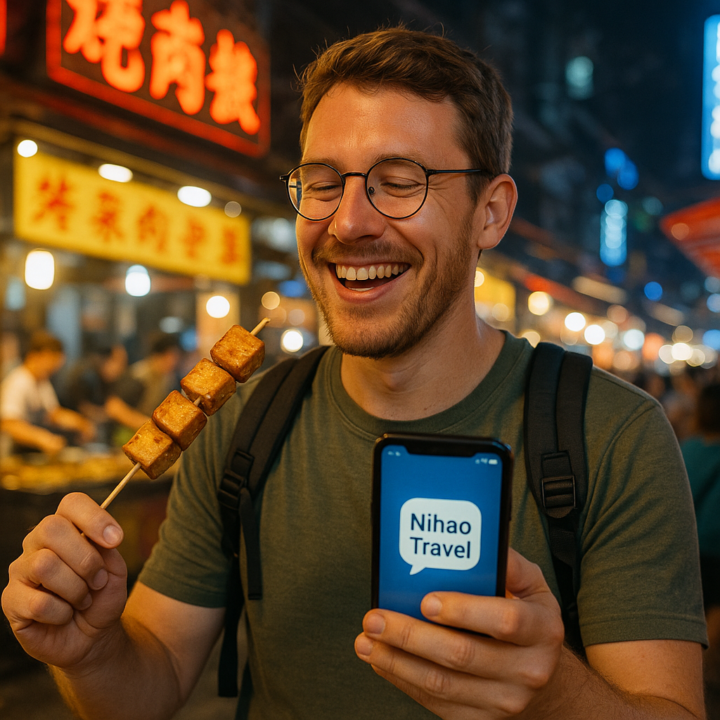 A traveler smiling and enjoying tofu skewers at a bustling night market, phone in hand with Nihao Travel chat open