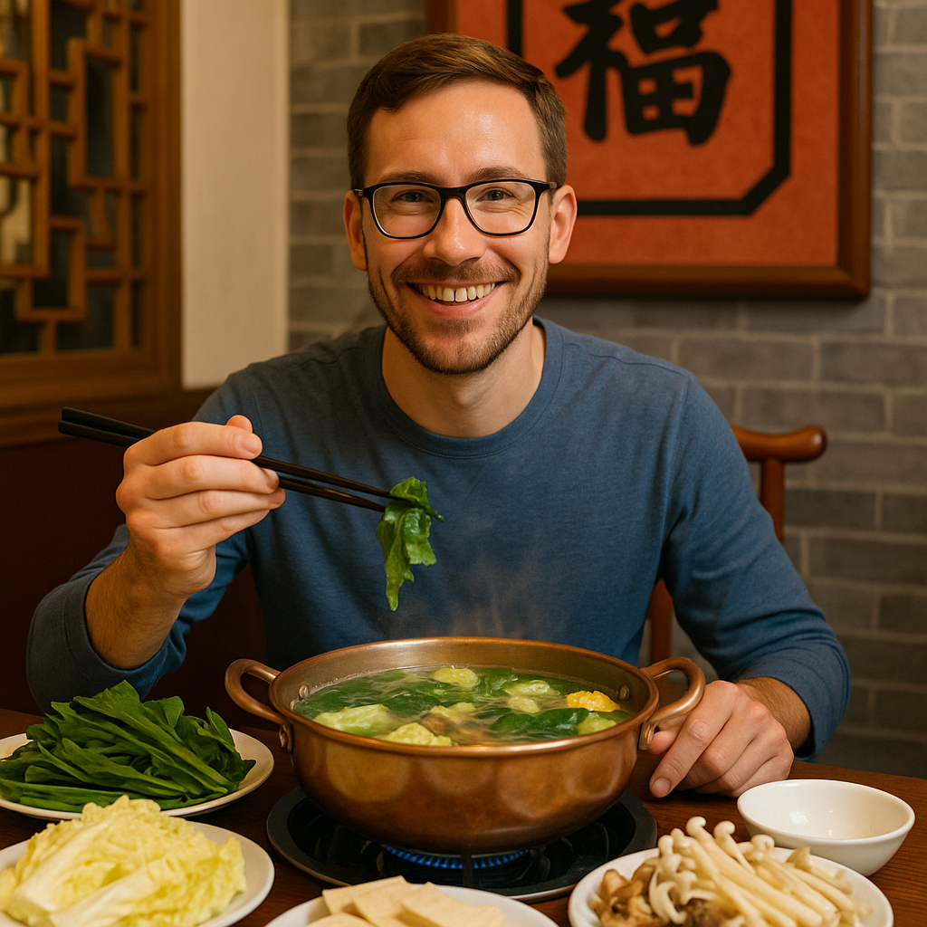 Traveler enjoying a vegan hotpot meal with confidence, smiling with chopsticks in hand