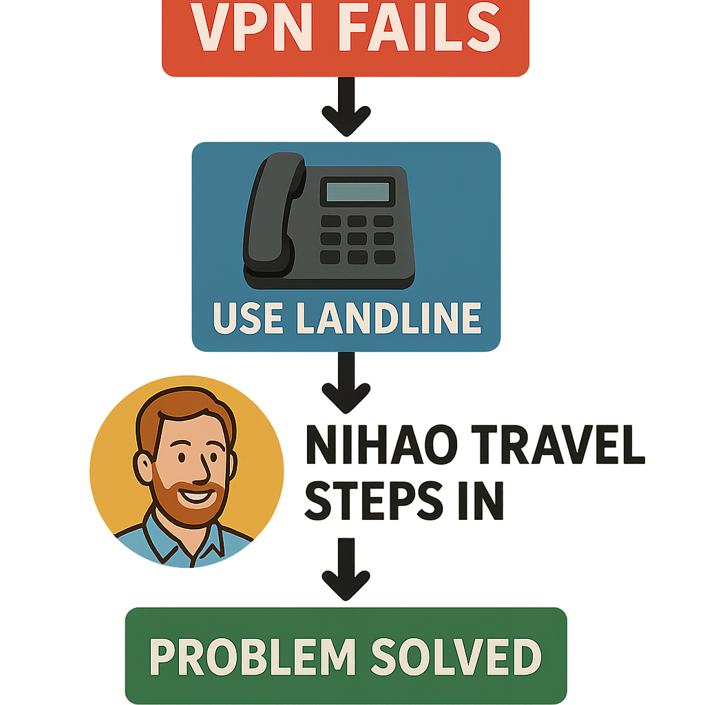 Infographic showing a flowchart: VPN fails → use landline → Nihao Travel steps in → problem solved