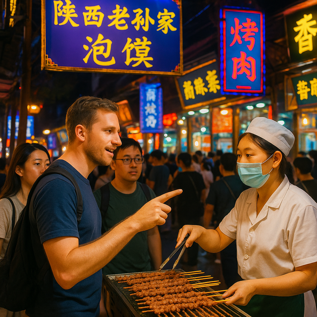 Night market in Xi'an lit with colorful signs, with travelers ordering confidently at a food stall